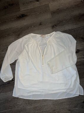 Michael Kors Woman’s White Zip-Neck Blouse - Lightweight Long Sleeve Top